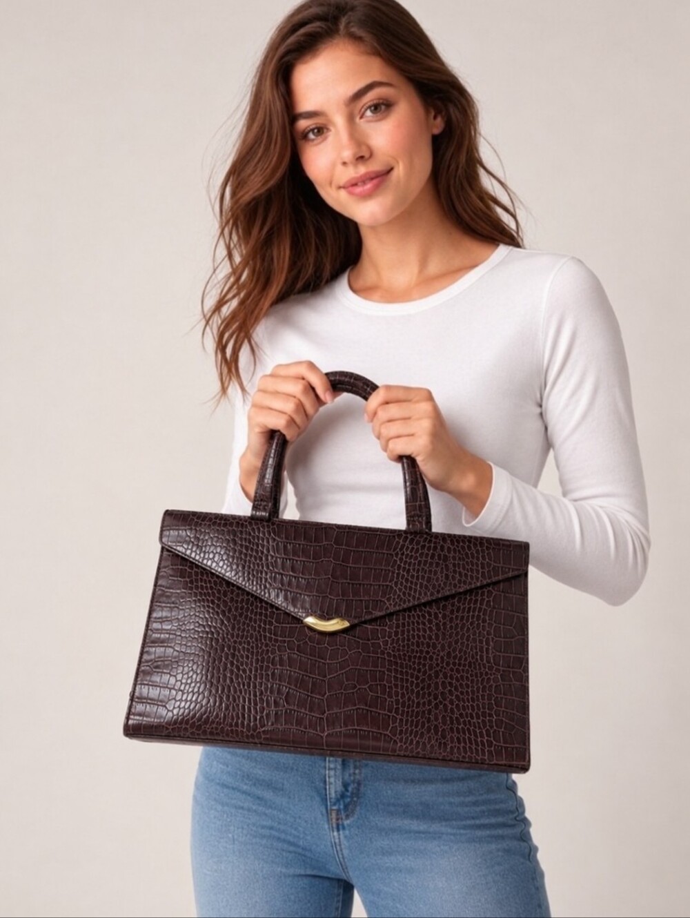 Ralph Lauren Croc Embossed Leather Top Handle Envelope Bag NWT , READ